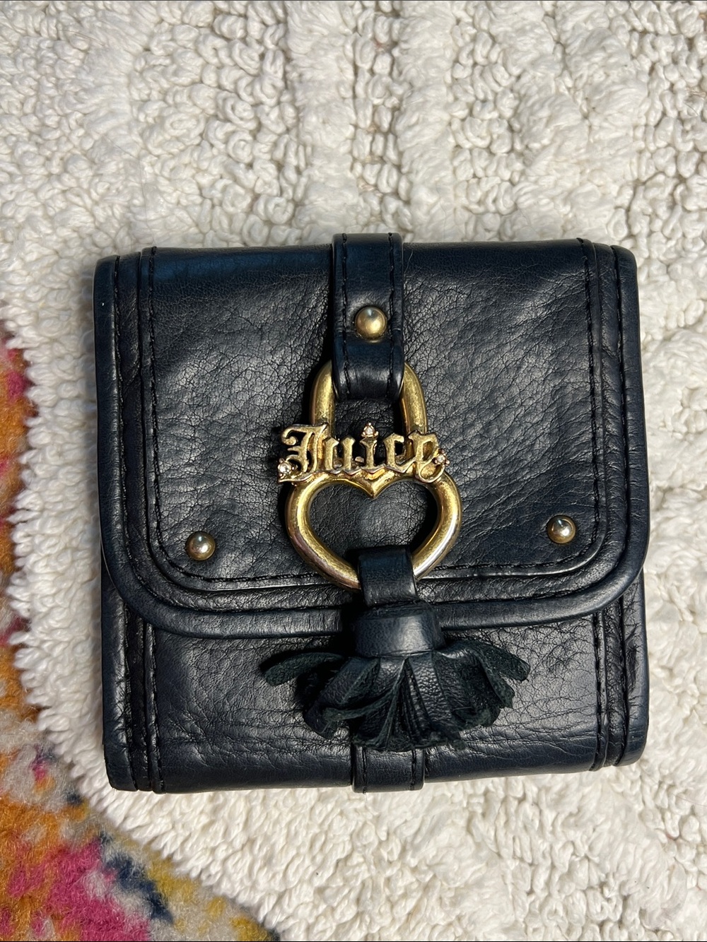 Vintage Y2K Juicy Couture Black Leather Mini Wallet Billfold Gold Heart Hardware